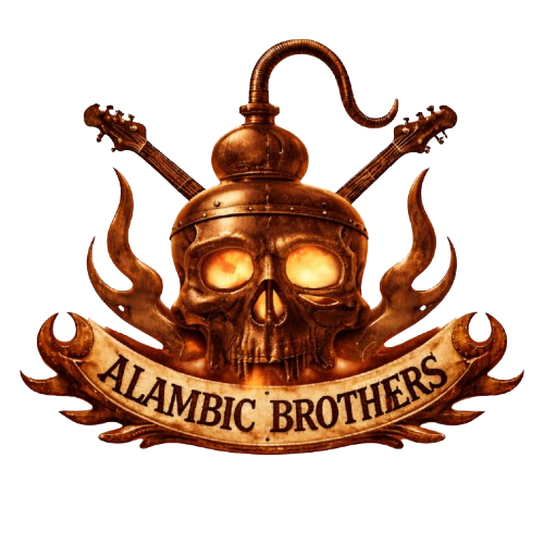 Alambic Brothers — emblème cuivré avec alambic, crâne et guitares