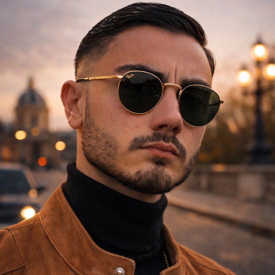 Émile Leudet, créateur de contenu, lunettes de soleil et veste cuivrée